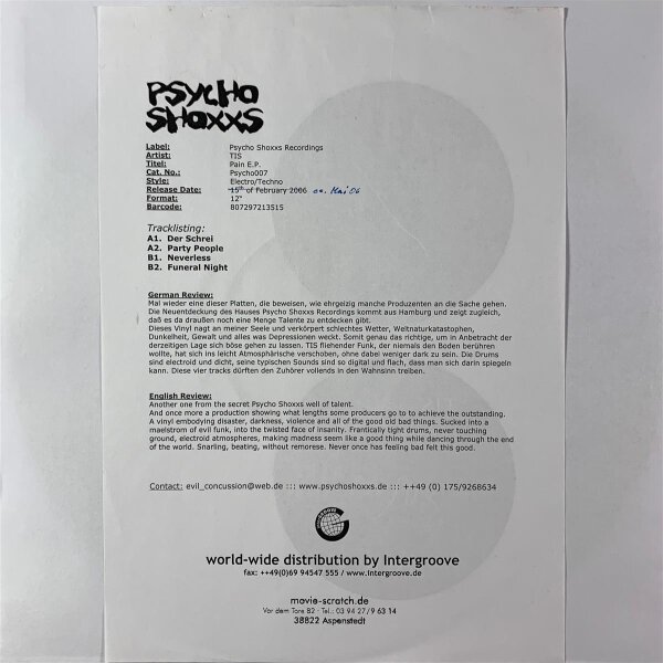 Tis - Pain E.P. [12 Maxi] | Psycho Shoxxs - PSYCHO 007 | Germany, 2005 | VG+/GEN